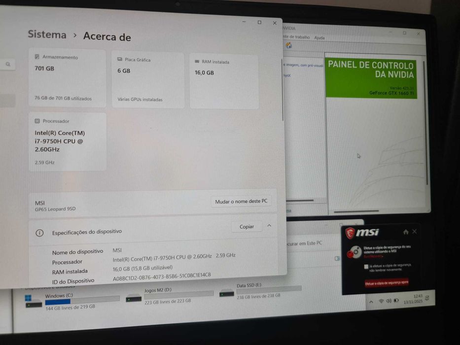 Portatil Gaming MSI Leopard RGB GP65 9SD i7 9750H / 16Gb / GTX 1660 Ti