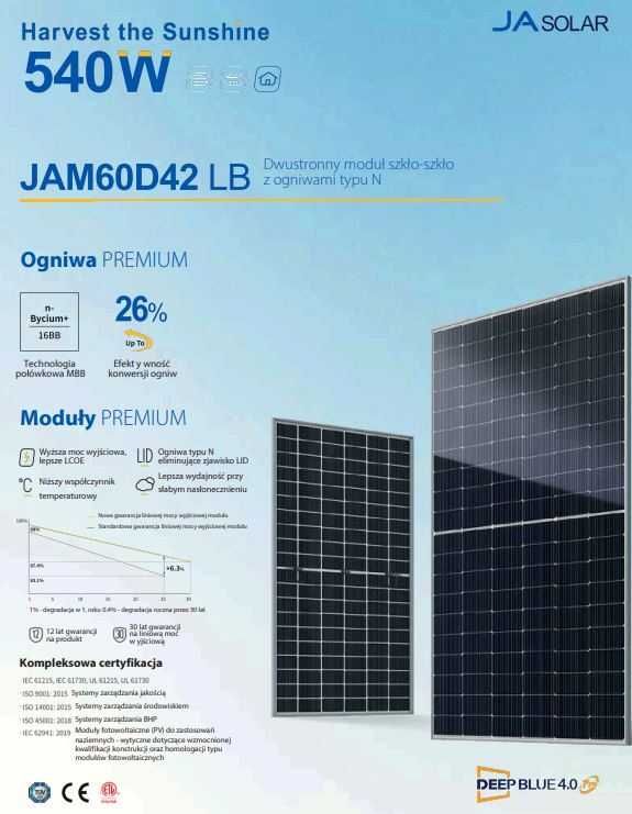Panele fotowoltaiczne JA SOLAR 530W  Bifacial czarna rama
