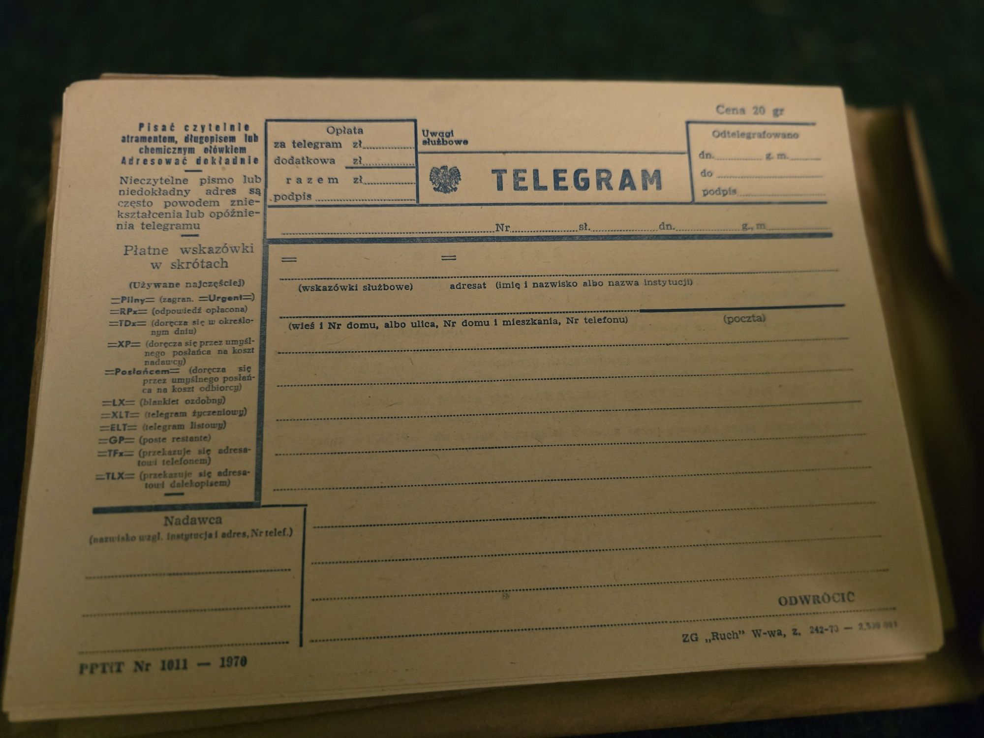 Unikat! Zestaw 21 pojedynczych formularzy telegramów z 1976 roku