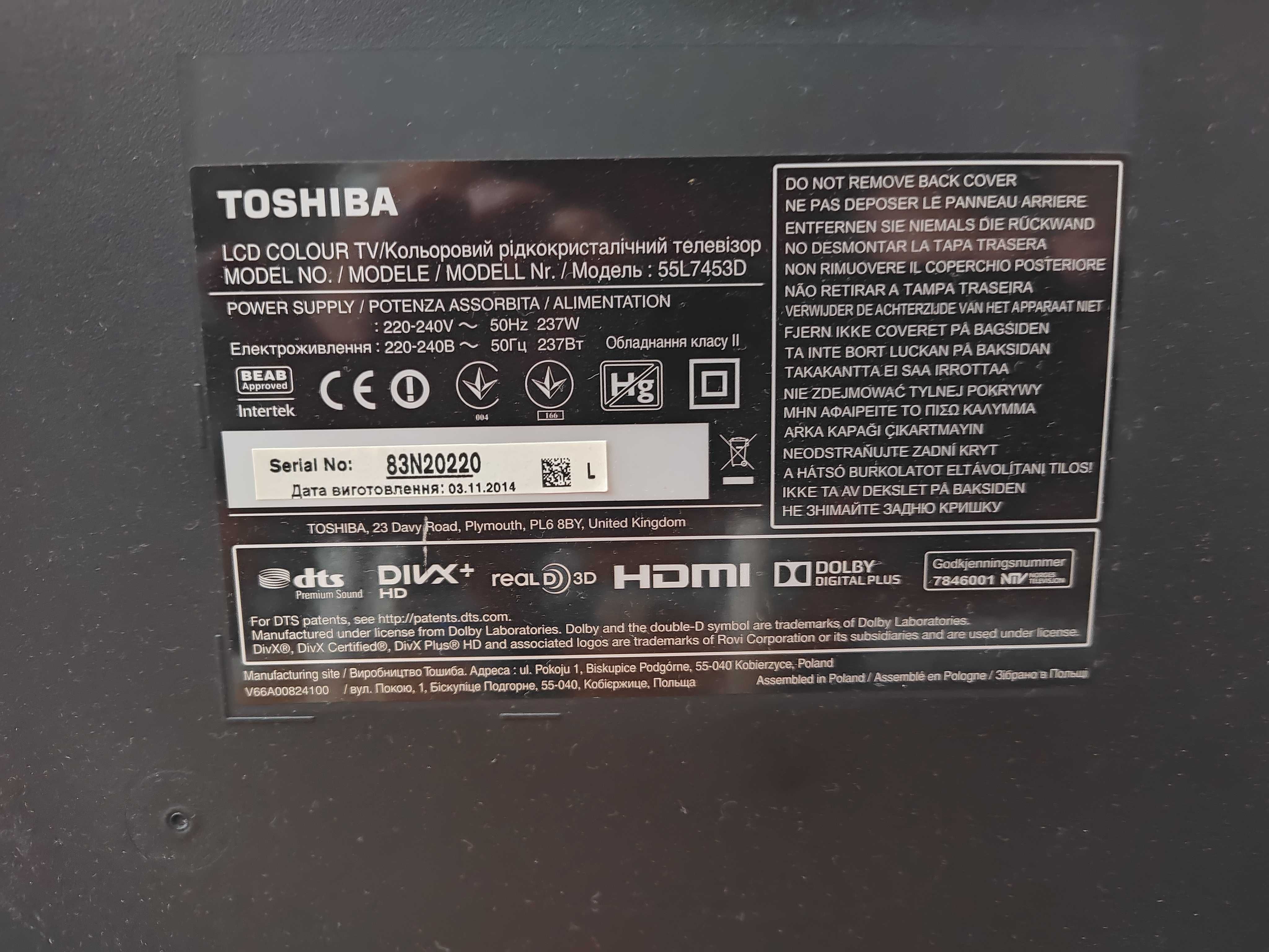 Płyta główna, zasilająca, podzespoły do telewizora TOSHIBA 55L7453D