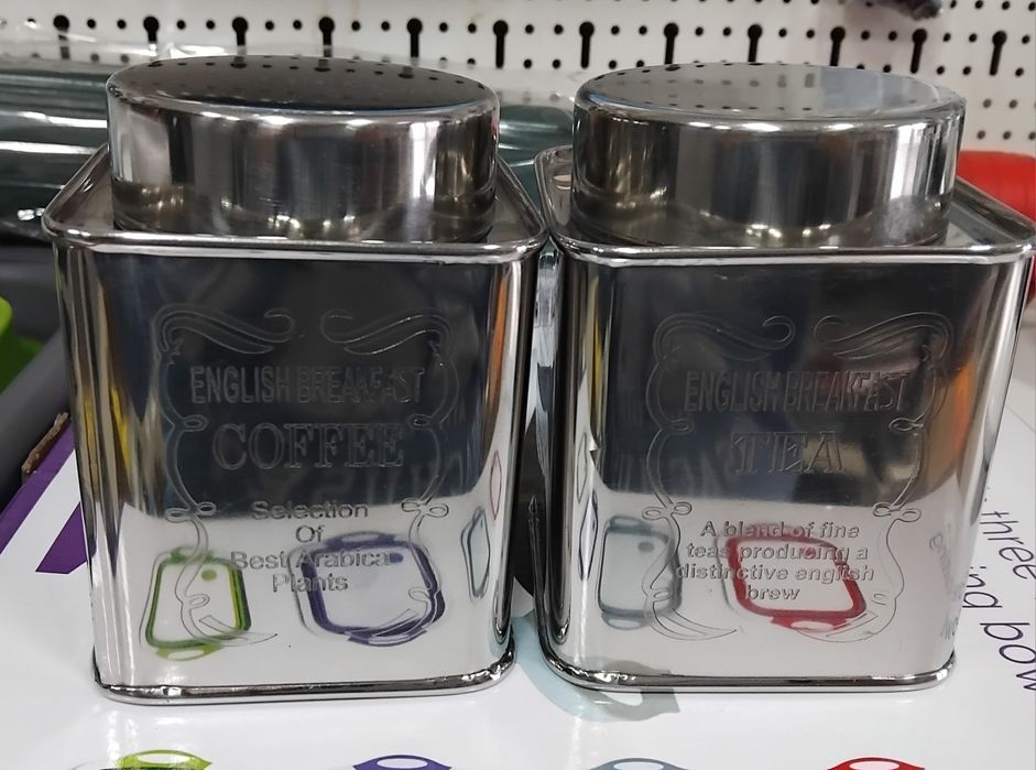 Nowy zestaw 2 pojemników kawa I herbata srebrne