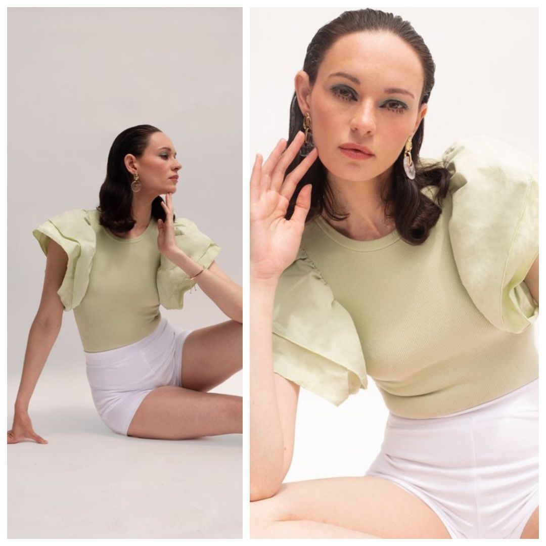 ZARA S miętowy zielony top bluzka body prążki motylkowy rękaw
