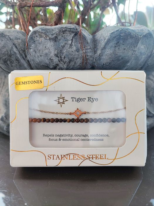 Par Pulseiras Aço e Olho de Tigre