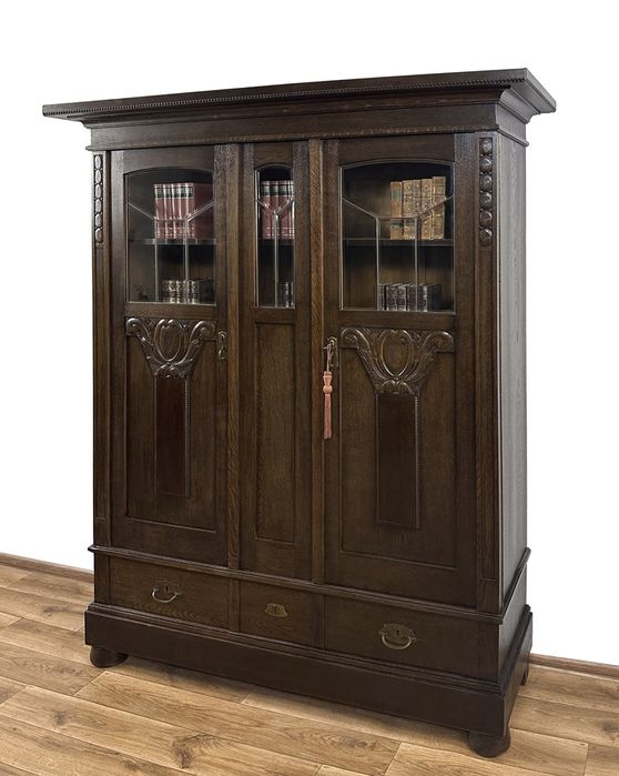 BIBLIOTEKA secesja antyk WITRYNA SZAFA rzeźbiona, 2  szuflady