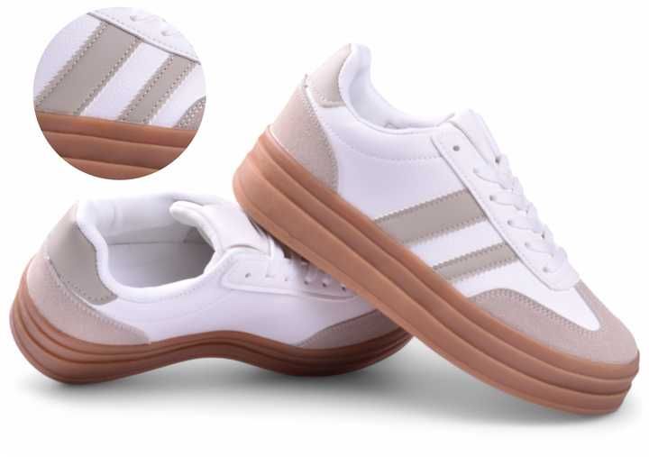 Buty Damskie Sportowe Sneakersy na platformie Gazelee biało-beżowe -38