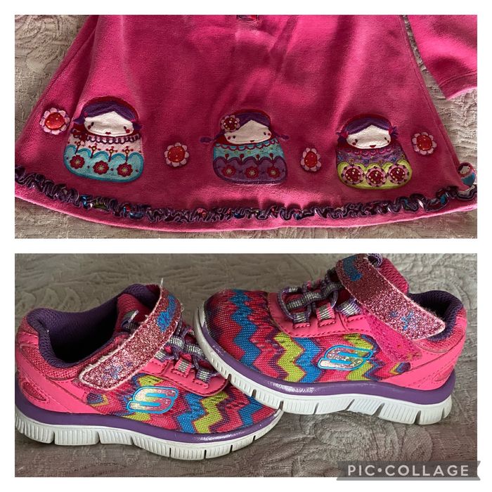 Lote roupinha Conjunto Vestido Tuc-Tuc Tenis Skechers