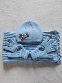Czapka, szalik i rękawiczki dziewczęce nowe niebieskie