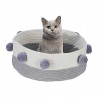 Bawełniane plecione legowisko dla kota psa okrągłe pompony