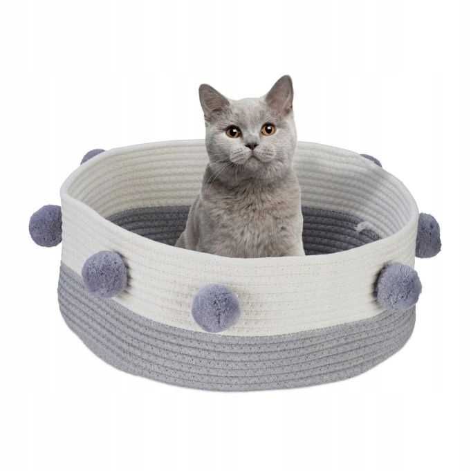Bawełniane plecione legowisko dla kota psa okrągłe pompony
