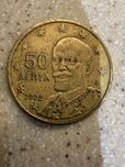 Moeda de 50 cêntimos, Grécia, com letra "F" numa estrela, 2002