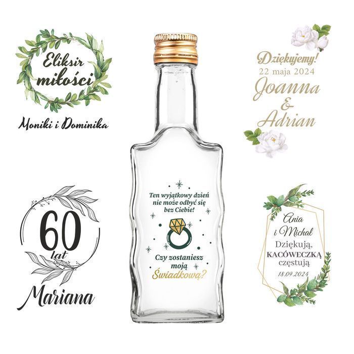 10x butelka FALA 200 ml z naklejkami na wesele nalewki + zakrętki