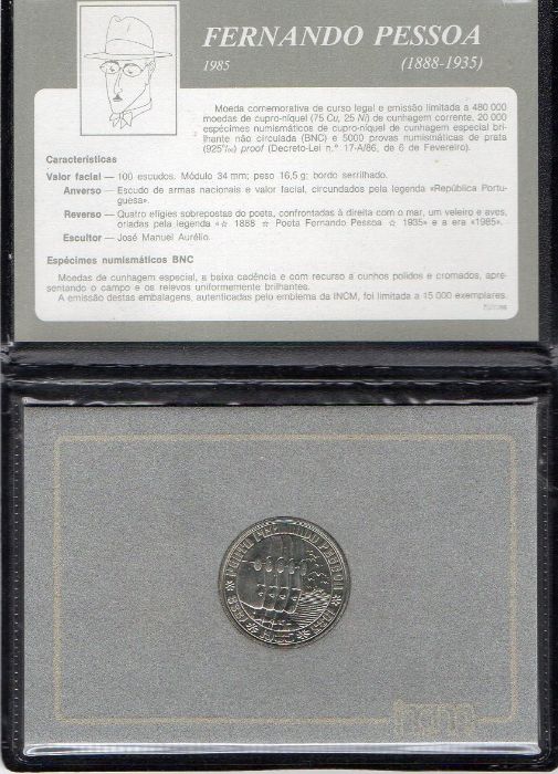 Moeda de 100$ Comemorativa de Fernando Pessoa, de 1985