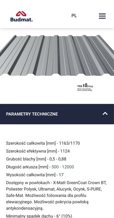 blacha trapezowa  połysk mat kolor TRB 8,TRB 18, TRB 35,T 8, T 18,T35