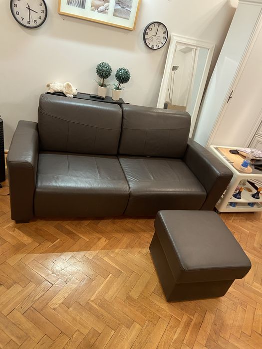 Sofa skóra Meblomak z funkcją spania + pufa ze schowkiem