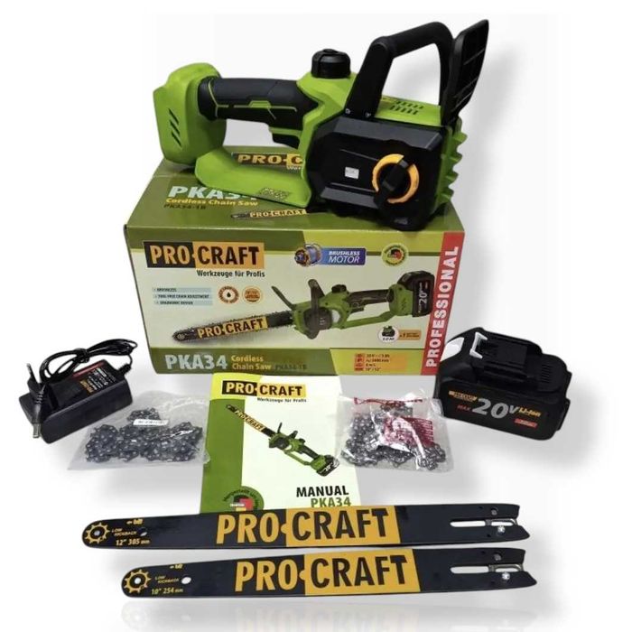 Акумуляторна ланцюгова пила Procraft PKA34 шина 10”, 12” | 1 АКБ + ЗП