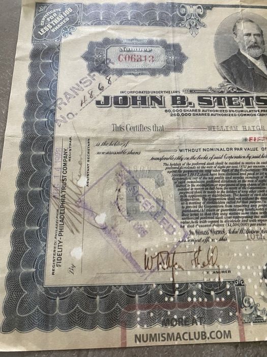 Oryginalny dokument akcyjny John B. Stetson Company – USA, 50 akcj