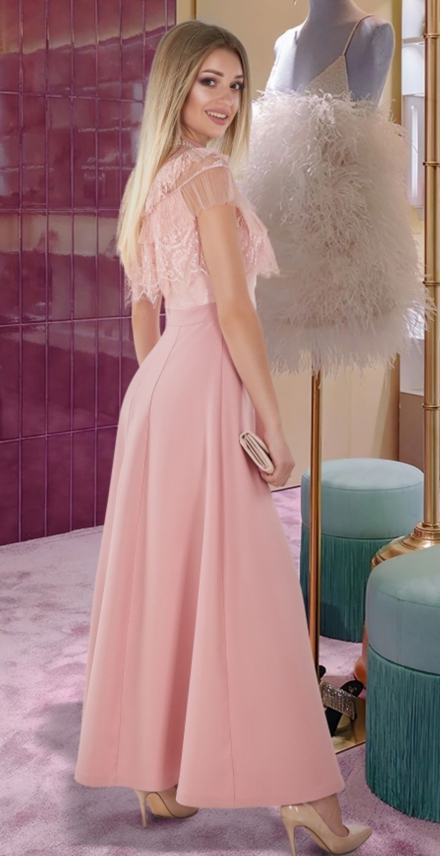 Нарядное розовое длинное платье 42р.