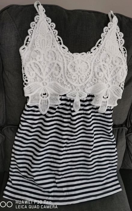 Sukienka, tunika na ramiączkach mini rozmiar S 36, biało-granatowa