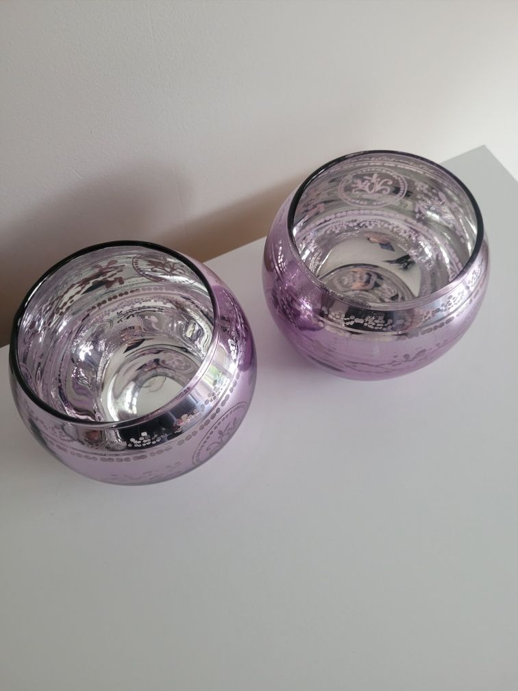 Świeczniki srebrny fioletowy szklane kule na świeczkę świecznik 4 szt