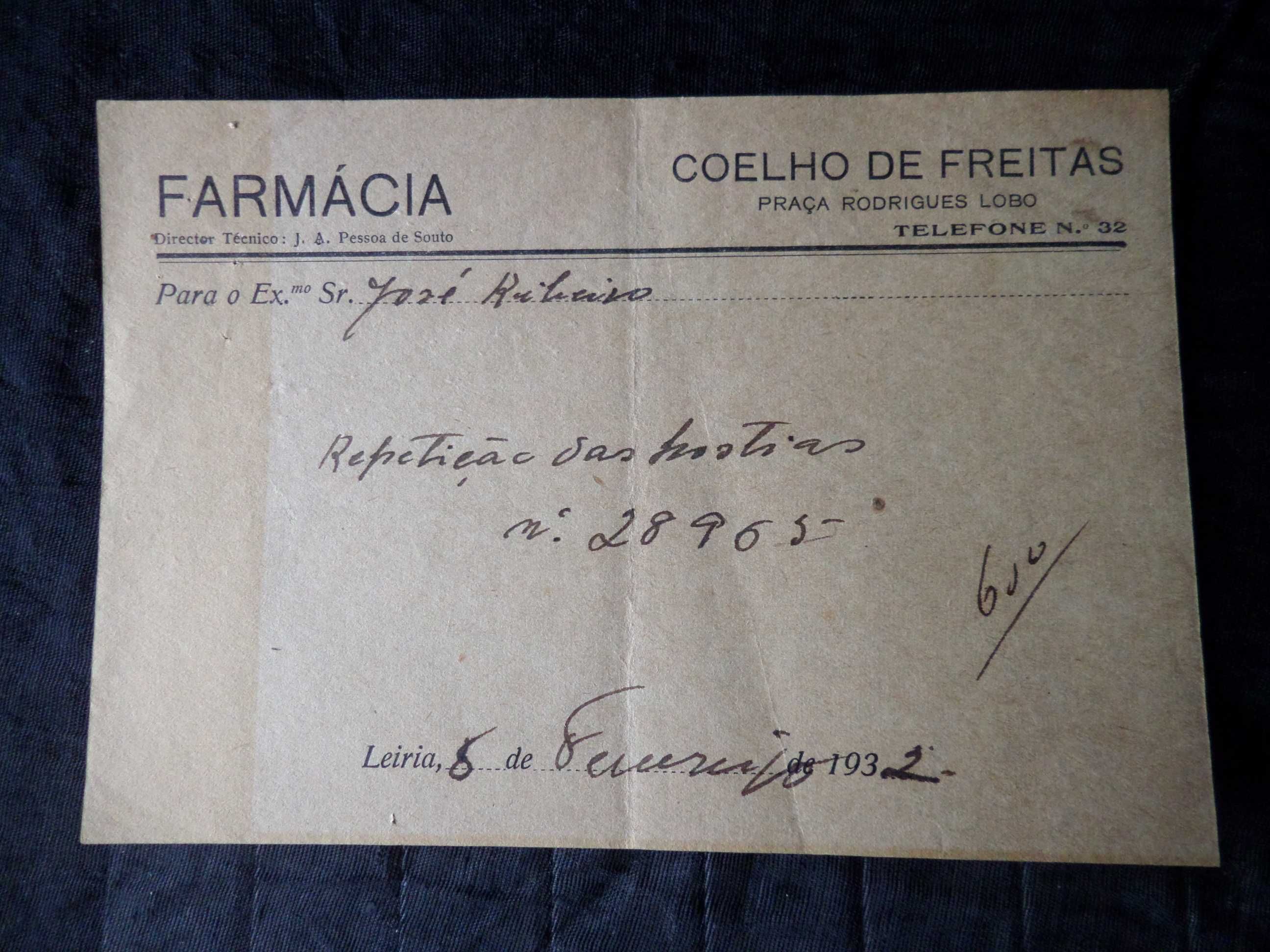 Documento / Recibo manuscrito de Farmacia , ano 1932