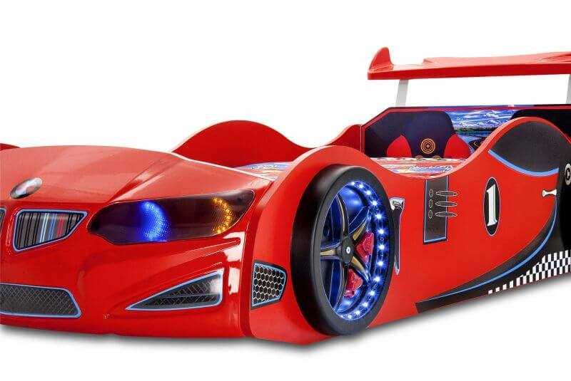 Łóżko w kształcie samochodu Gt1 full światła LED, dźwięki , pilot