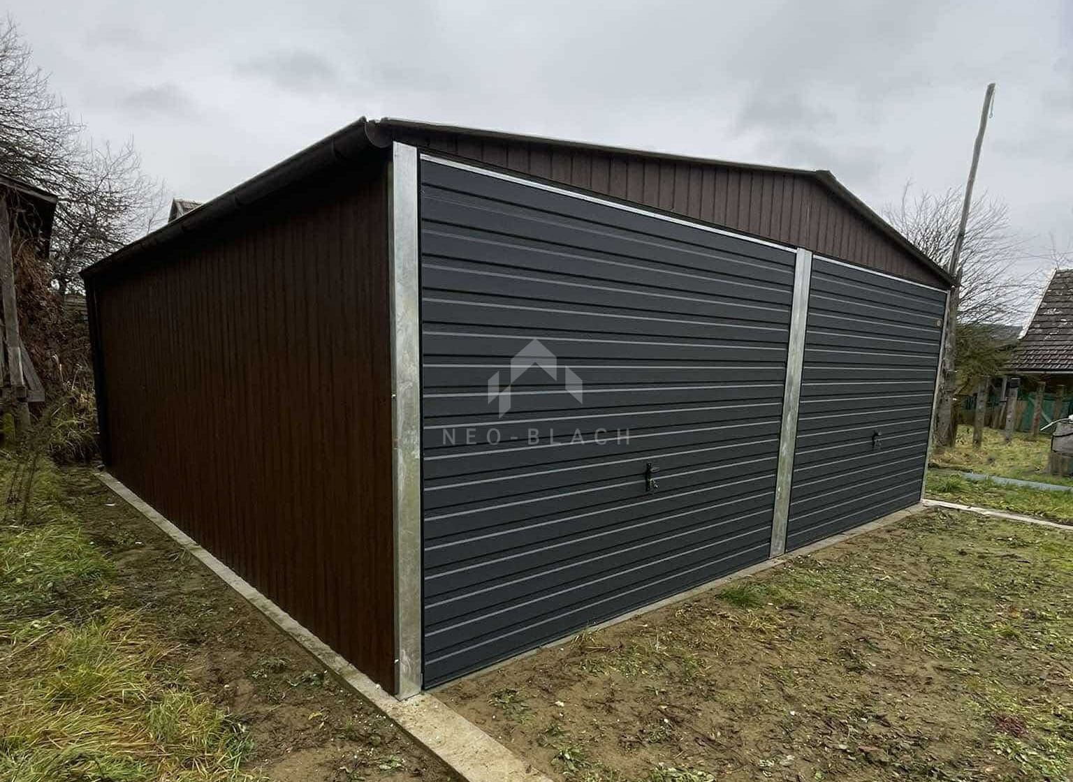 Garaż Blaszany 6X5,8M 2X Brama Uchylna Drewnopodobny Rynny  Nb447
