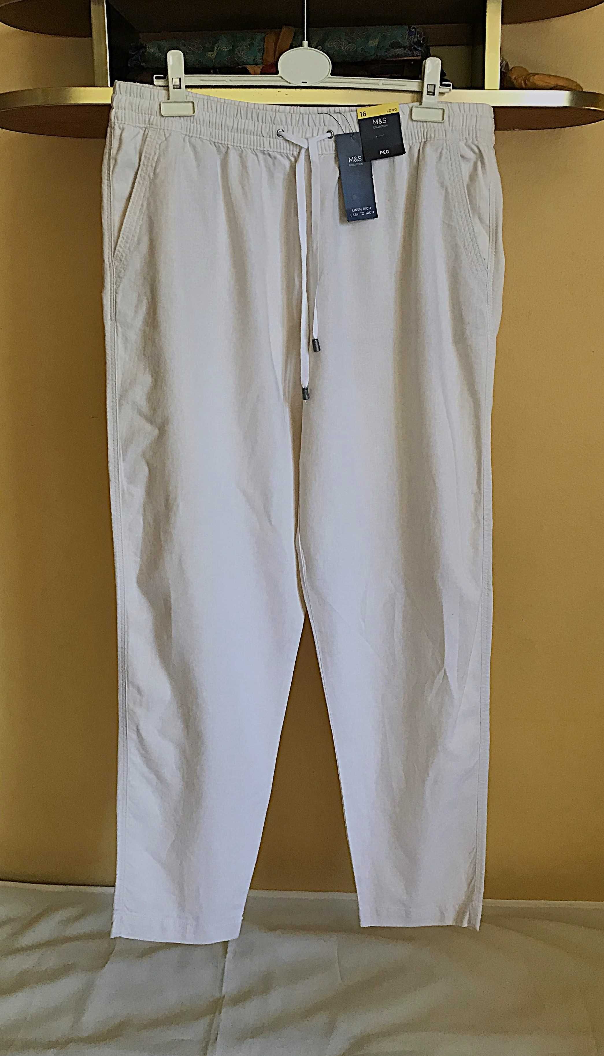 spodnie marks&spencer len wiskoza białe wiązane guma plus size 44
