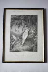Grafika, litografia "Kobieta przy drzewie z kwiatami"