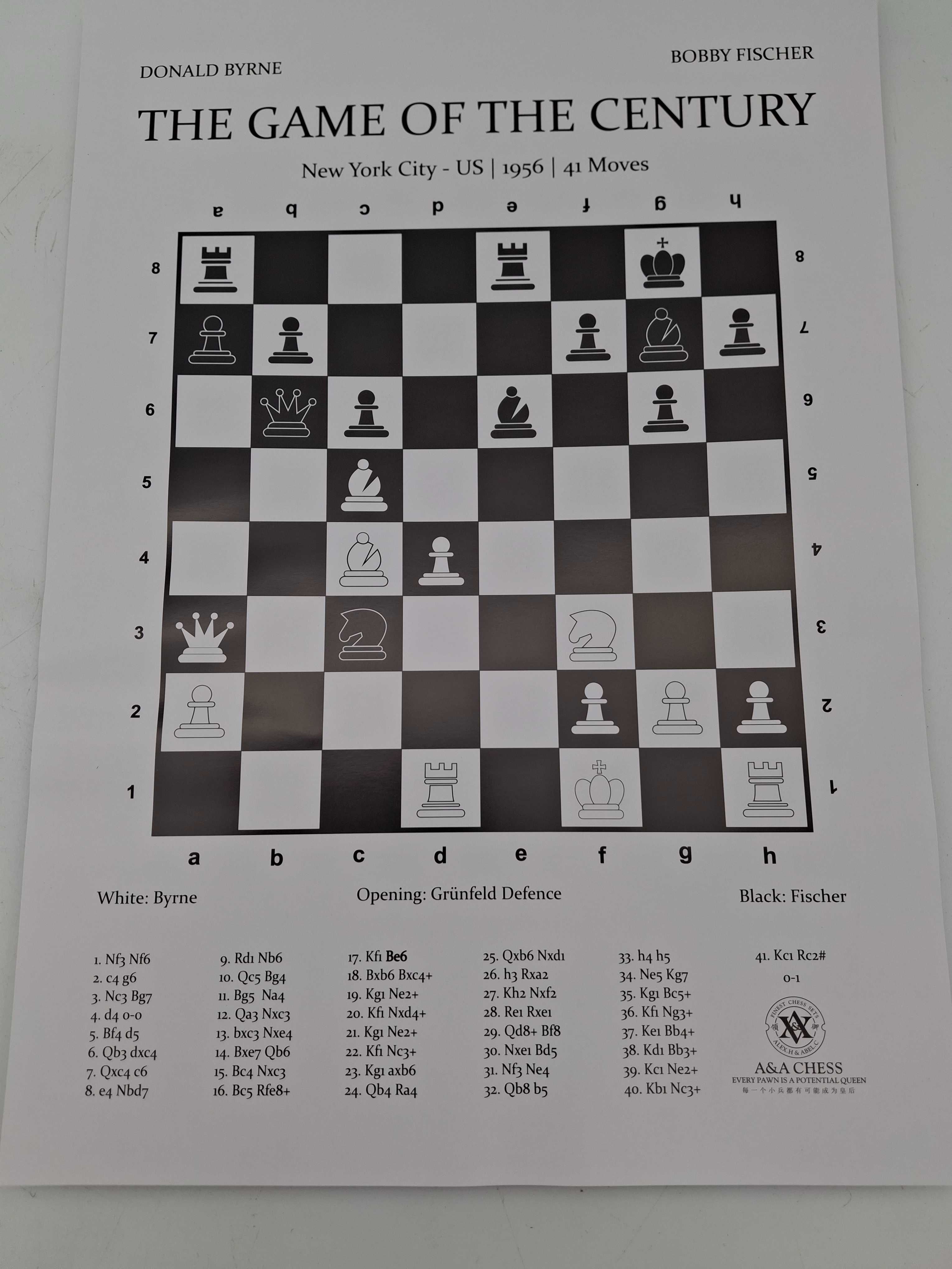 Plakat Szachowy Partia Stulecia Fischer vs Byrne 1956 Biała 33x46 cm