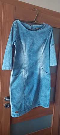 Jeansowa sukienka tunika z lampasami po bokach