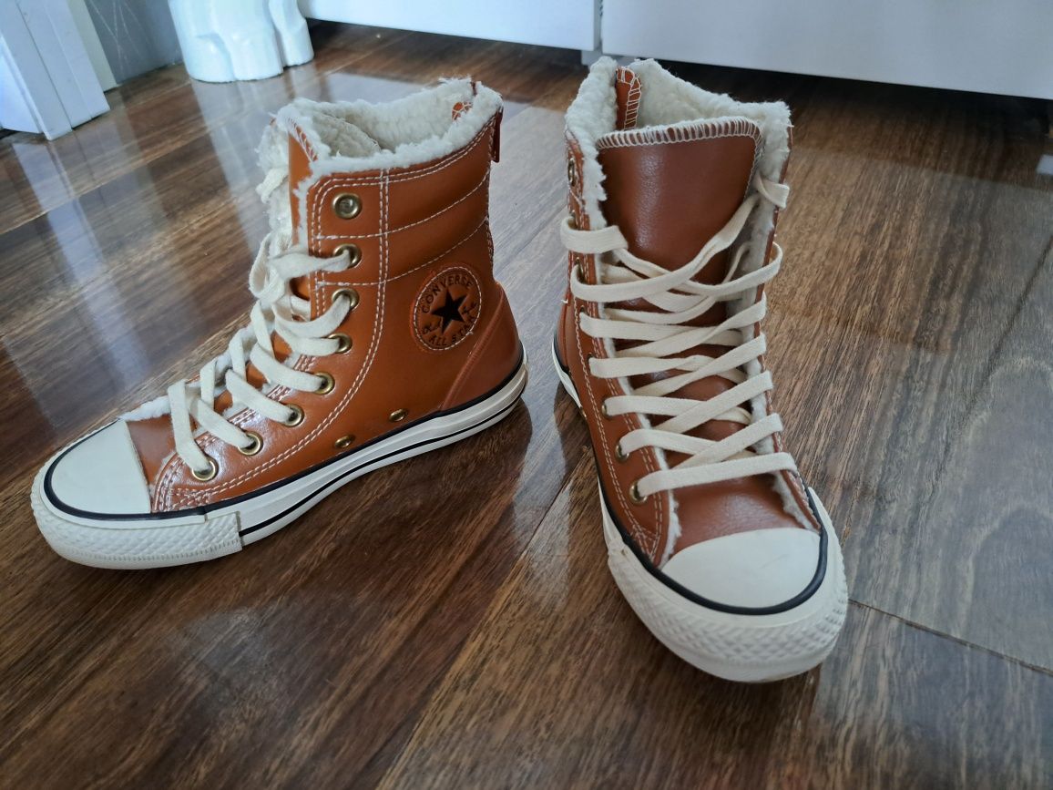 ALL STAR Tramki skóra Converse wysokie trampki ocieplane Camel unisex