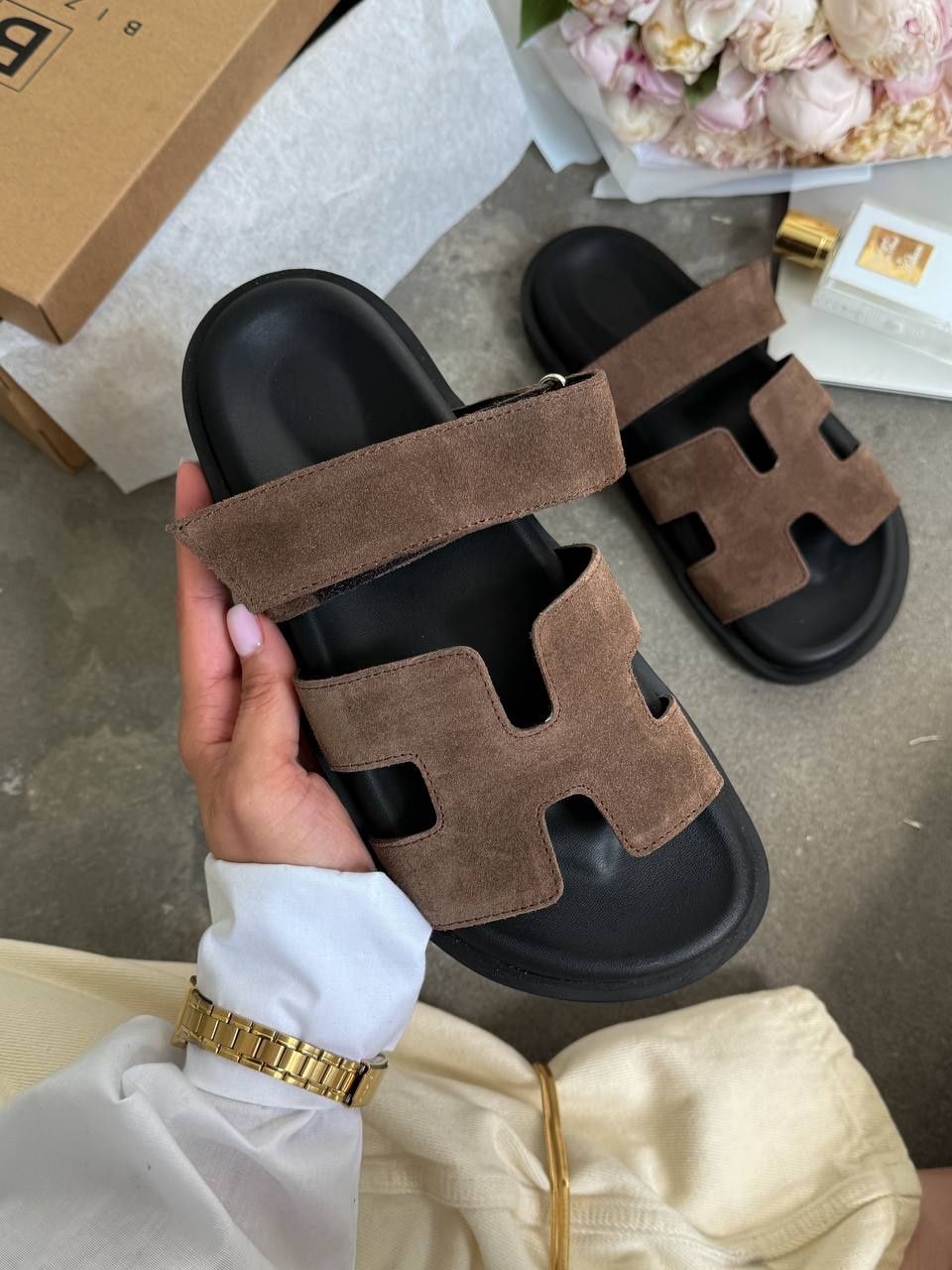 р36-41 Шльопанці у стилі Hermes Chypre Sandals Brown