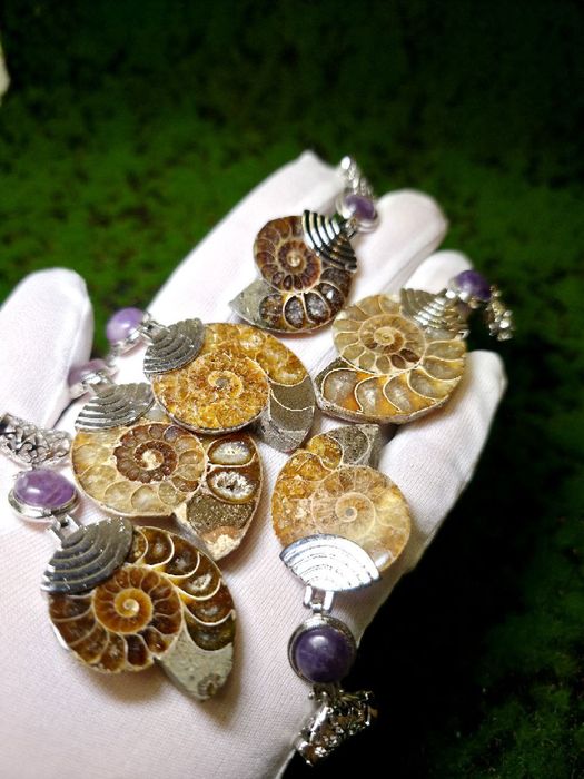 Підвіски з натурального амоніту та мінералом,амулет,амоліт.скам'янілі