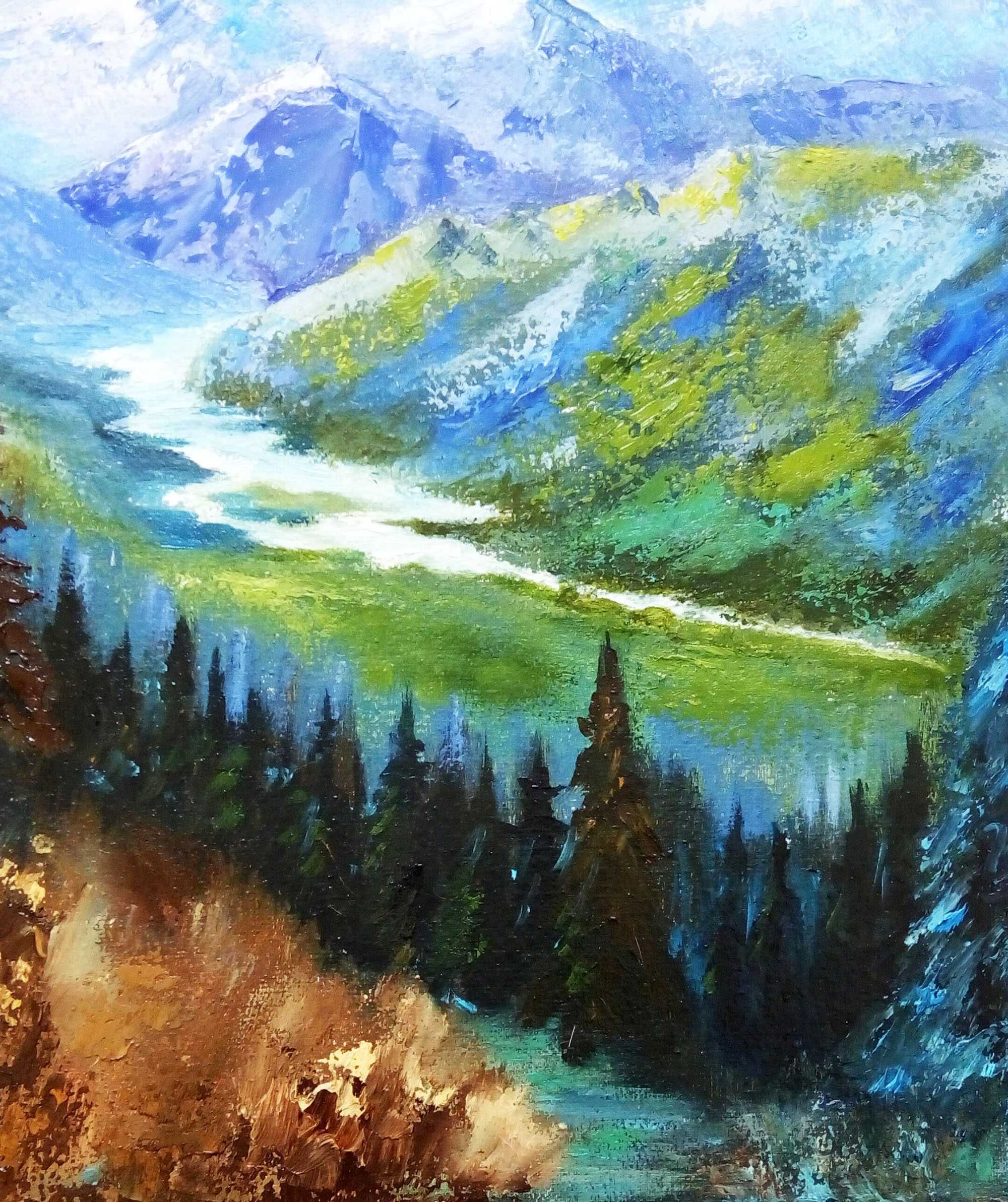 Картина Гори Гірська річка полотно на підрамнику 30 х 40 см