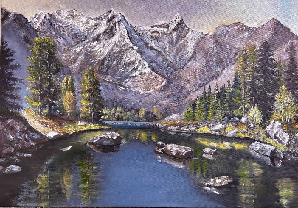 Картина Гірський пейзаж Гори Озеро Полотно Олія 45*65