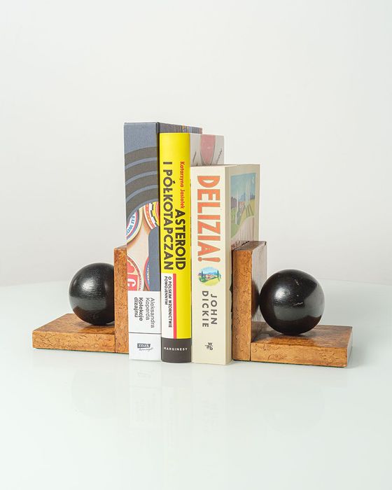 Podpórki do książek fornirowane drewnem, retro, vintage, design.