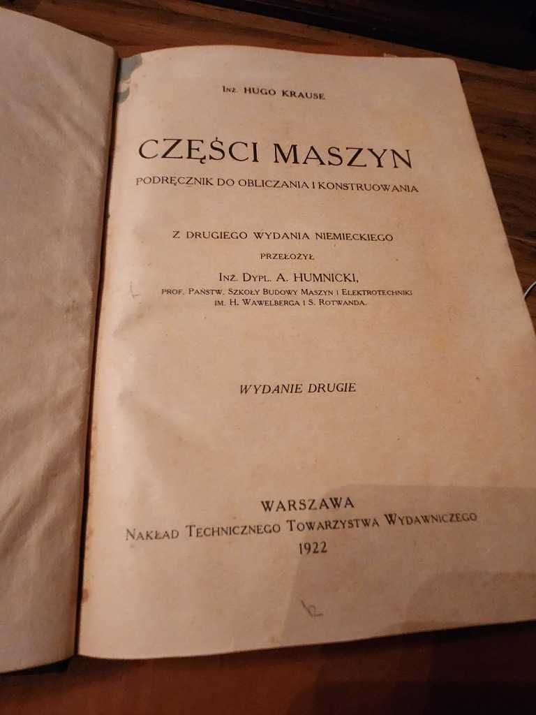 Stara książka Części maszyn Hugo Krauze z 1922 roku