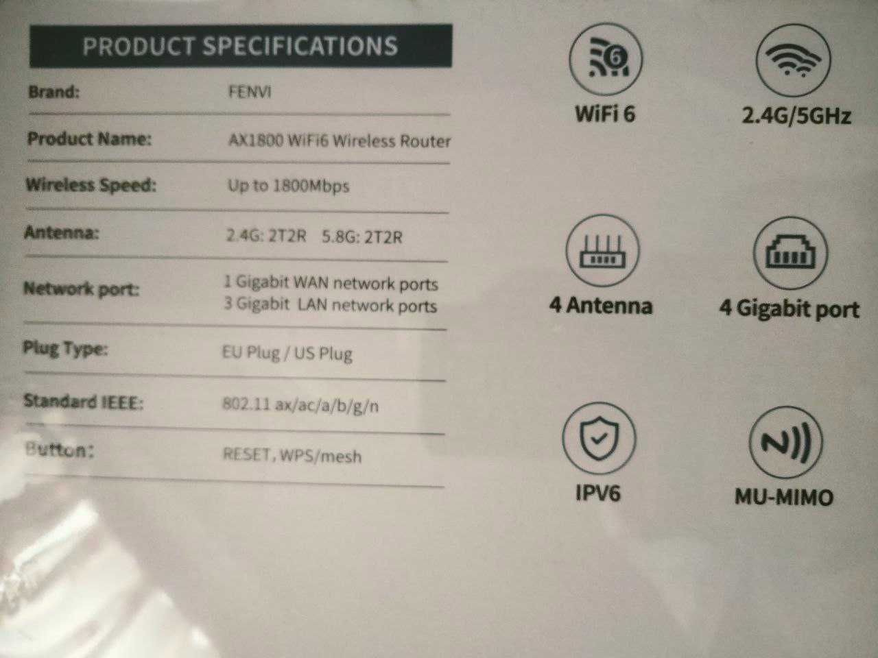 Роутер FENVI AX1800 WiFi6 2,4 ГГц _5 ГГц гигабитный.