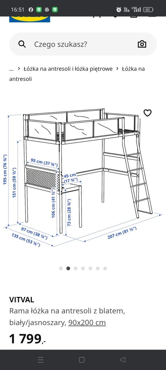 IKEA VITVAL łużko piętrowe z biurkiem