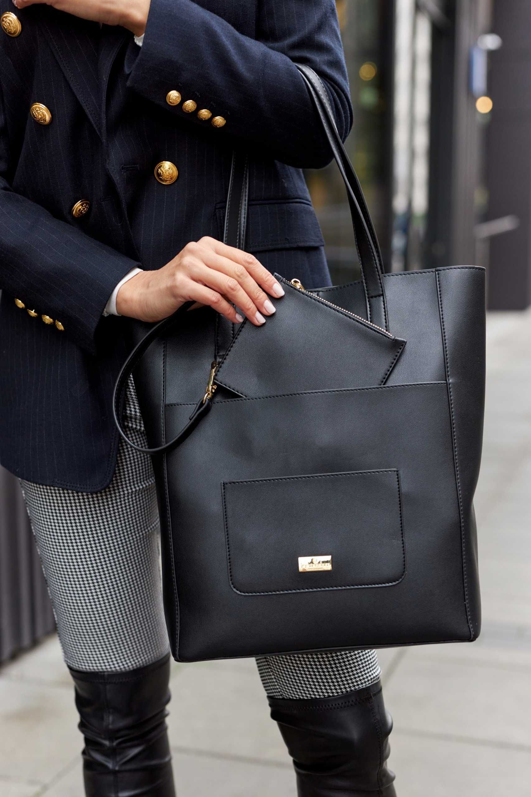 PETERSON klasyczna damska torebka skórzana shopper A4 +saszetka czarna
