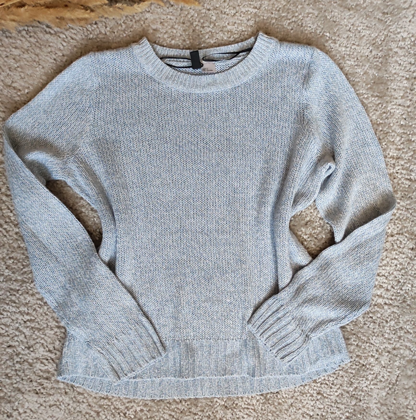 Sweter damski, niebieski, półokrągły dekolt, prążkowane ściągacze, H&M