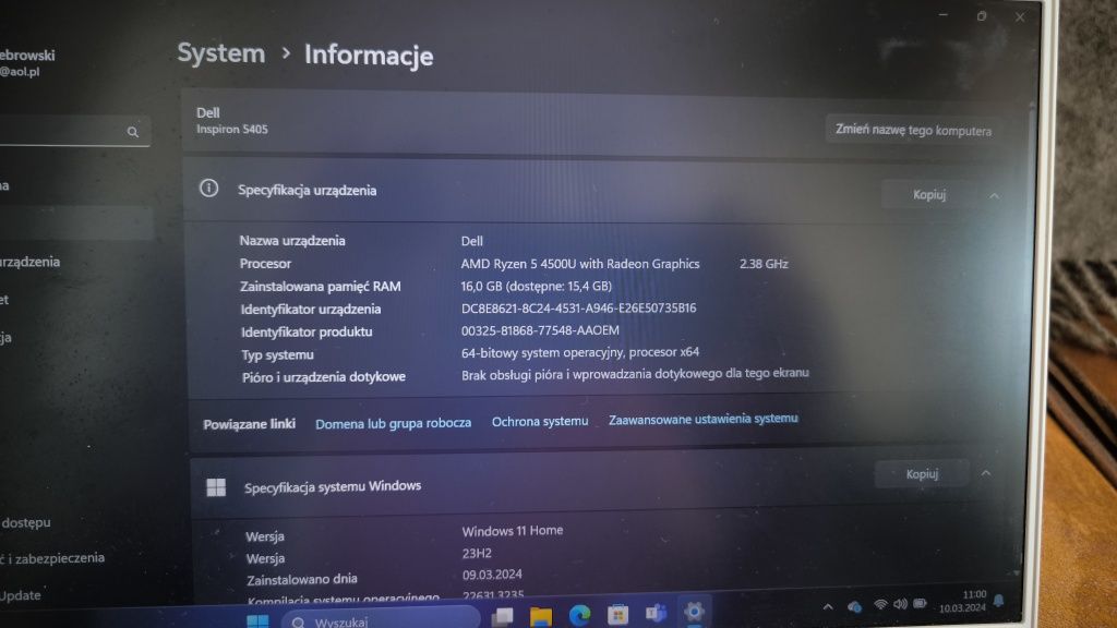 laptop Dell Inspiron 5405 AMD Ryzen 5 RAM 16GB dysk 512GB