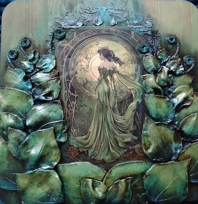 Piękny obraz na desce z ceramicznymi liśćmi, panel ozdobny