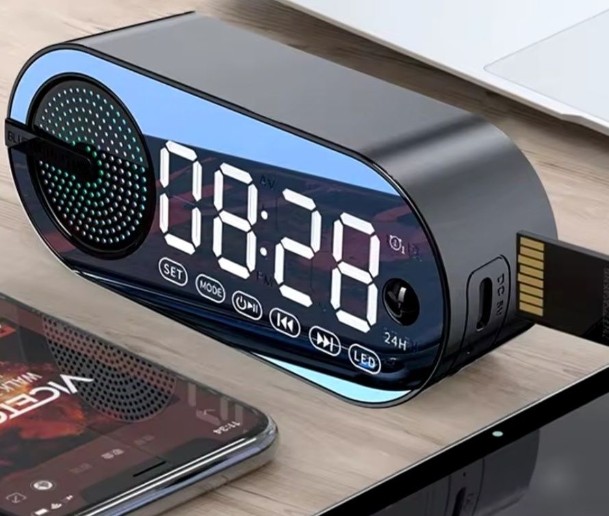 Zegarek Lustrzany LED z Głośnikiem Bluetooth Alarm Radio Budzik. NOWY!