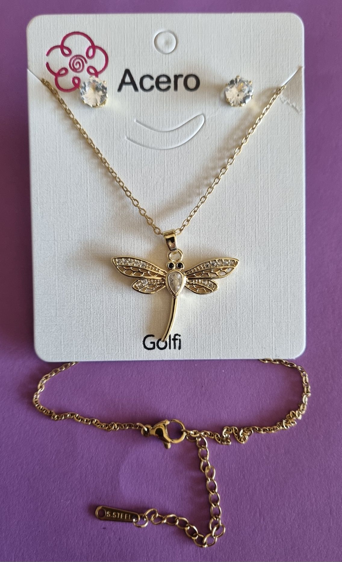 Conjunto dourado (colar e brincos), em aço, com libelinha.