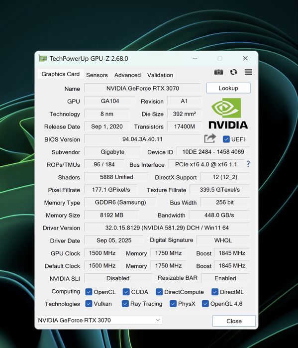 Gigabyte RTX 3070 Aorus 8 GB