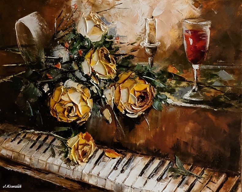 Kowalik - Po koncercie - 50x40cm Obraz Olejny Róże Martwa Natura