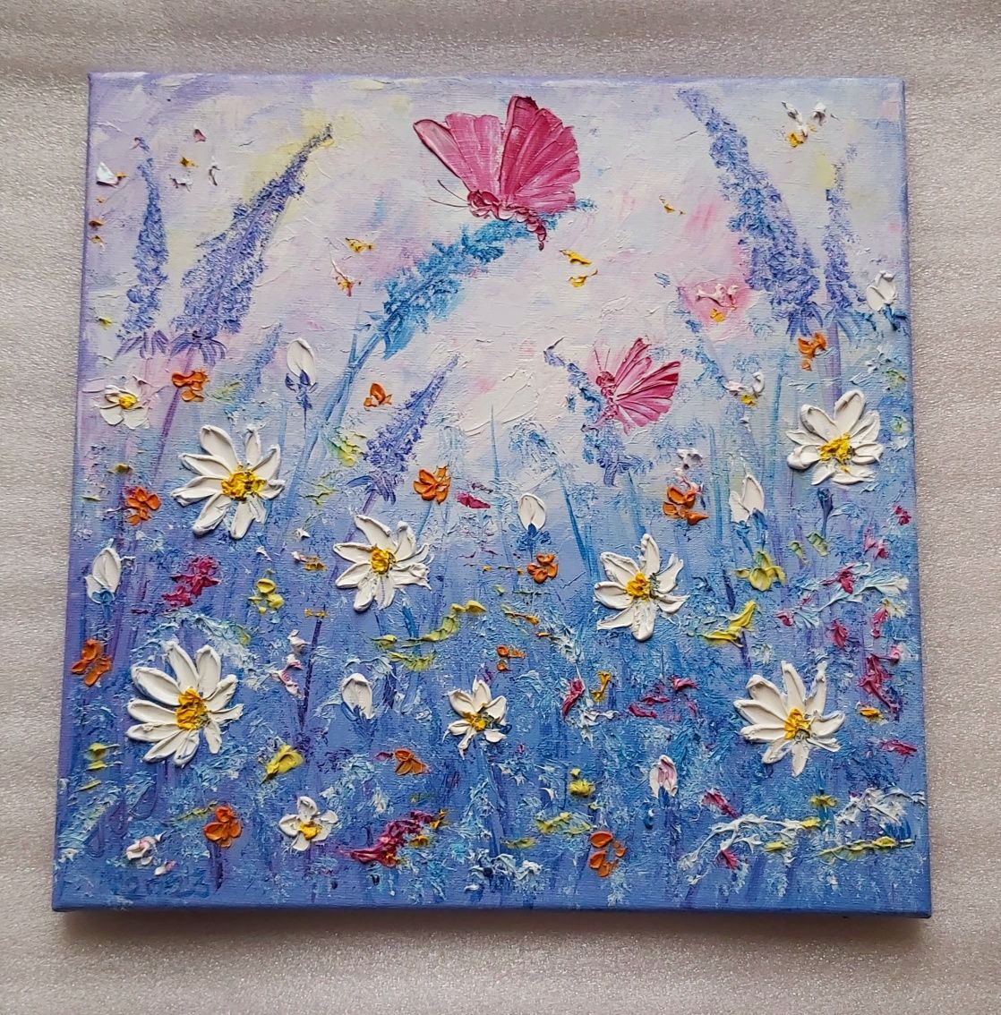 Niebieska Łąka Motyl 30x30cm obraz olejny abstrakcja na płótnie