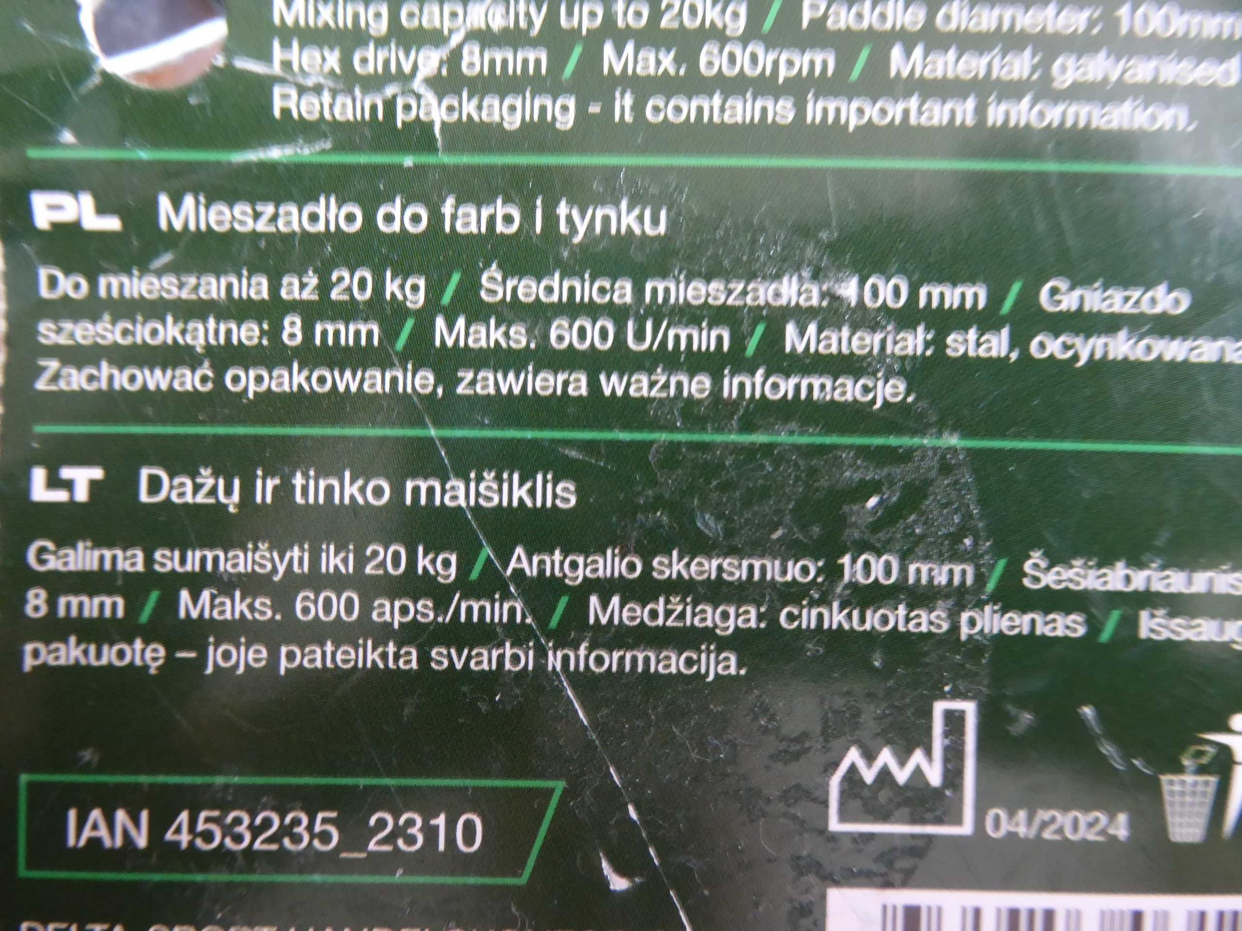 Nieużywane mieszadło do farb i tynków PARKSIDE o długości 500/600mm