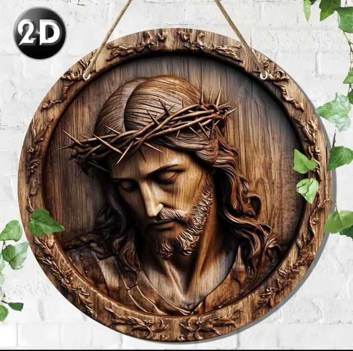 Obraz imitacja drewna płaskorzeźba Jezus Chrystus w koronie cierniowej